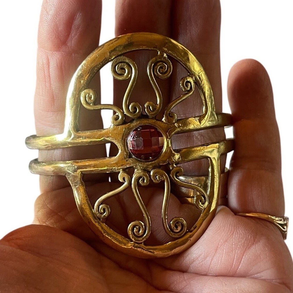 Artisan Gold Tone Filigree Scroll Cuff Bracelet Red Faceted Gemstone Statement - Picture 6 of 6